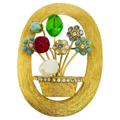 Vintage gold tone glass turquoise pearl rhinestones flowers designer brooch
