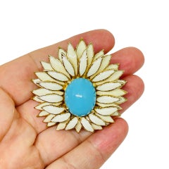 CINER signed vintage gold tone faux turquoise enamel flower designer brooch