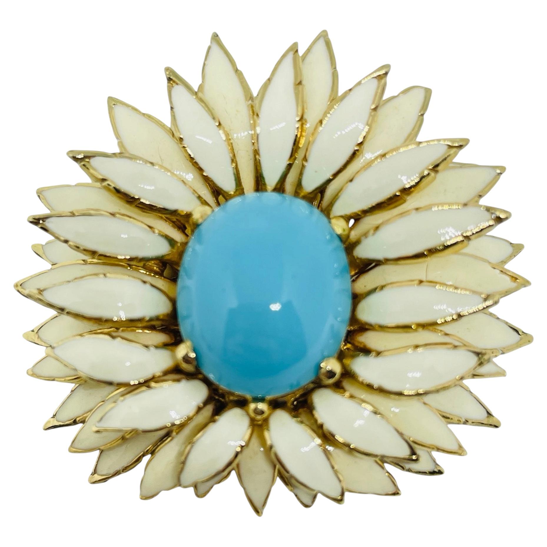 CINER signed vintage gold tone faux turquoise enamel flower designer brooch