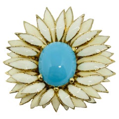 CINER signed vintage gold tone faux turquoise enamel flower designer brooch