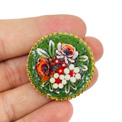 Vintage gold tone ITALY micro mosaic colorful red green flowers brooch