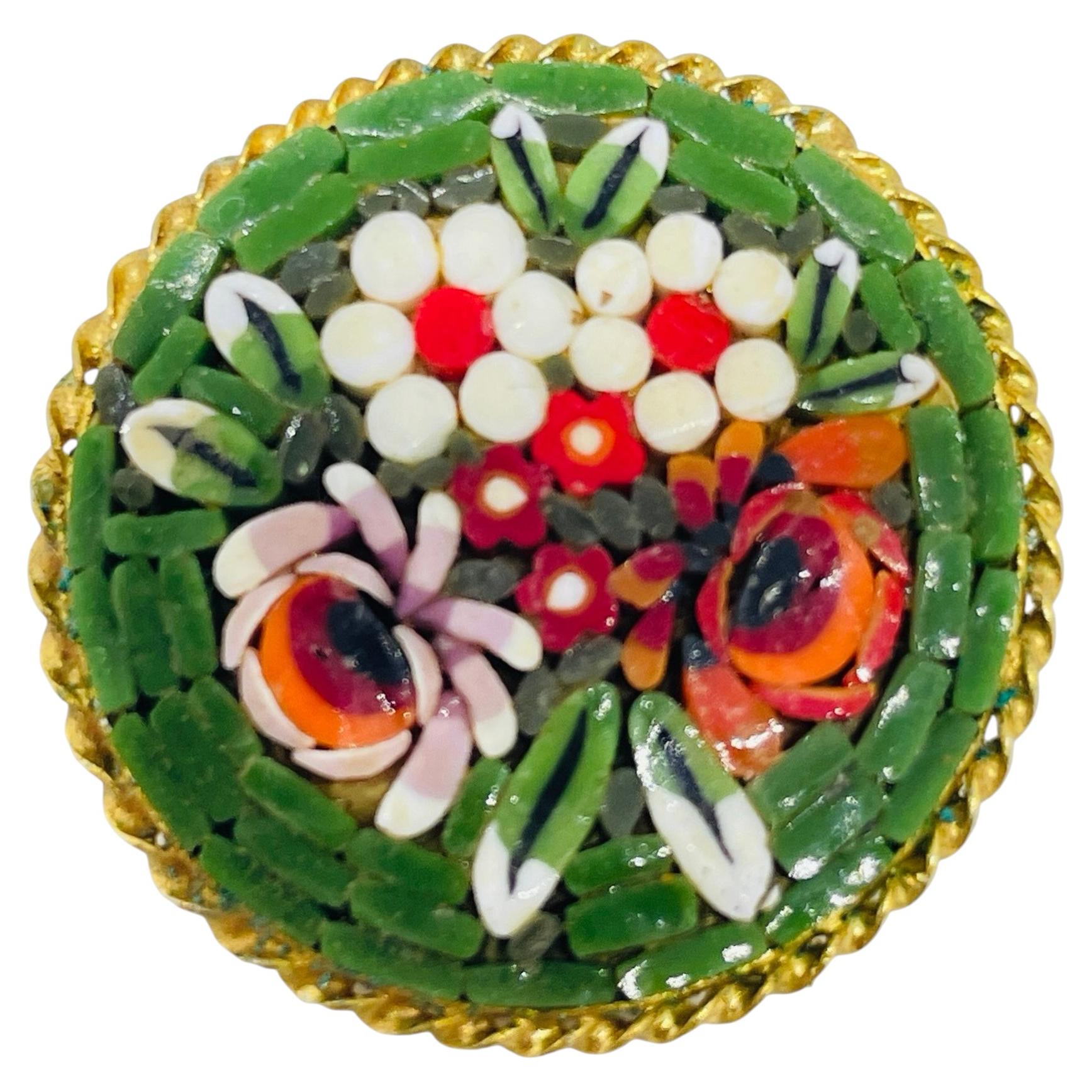 Vintage gold tone ITALY micro mosaic colorful red green flowers brooch