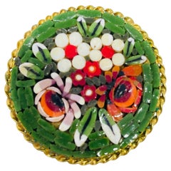 Vintage gold tone ITALY micro mosaic colorful red green flowers brooch