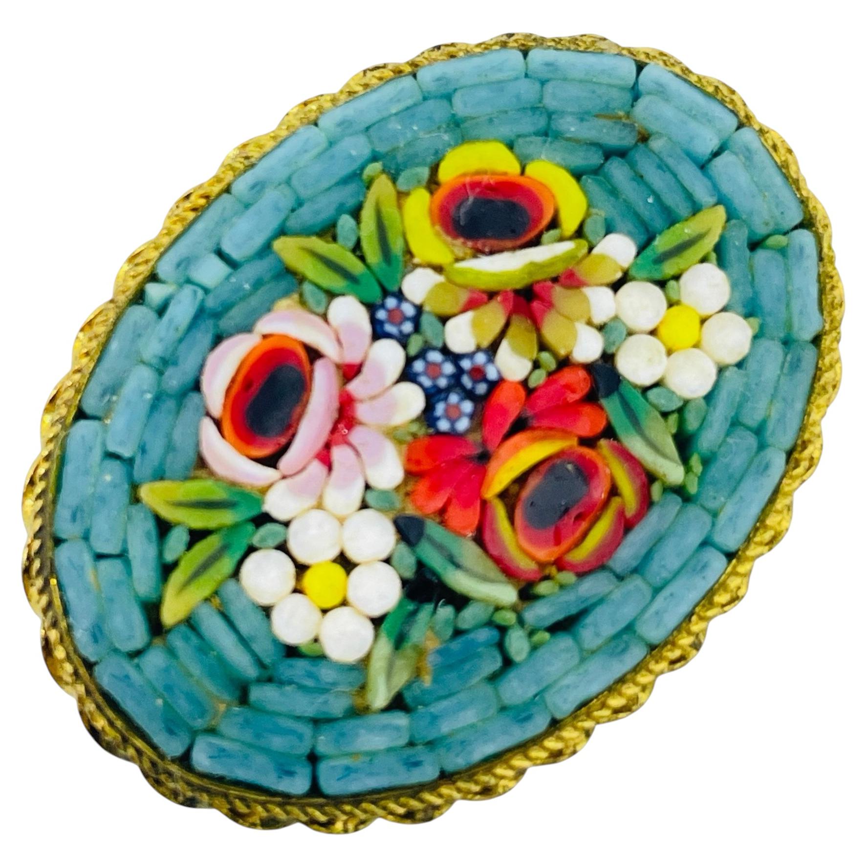Vintage gold tone ITALY micro mosaic colorful yellow green blue flowers brooch For Sale