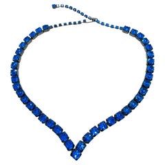 Vintage dark silver tone sapphire royal blue rhinestone designer necklace