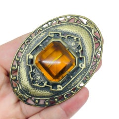 Antique Czechoslovakian gold tone citrine glass stone designer brooch 1920s