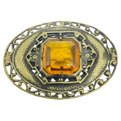 Antique Czechoslovakian gold tone citrine glass stone designer brooch 1920s