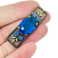 Antique Czechoslovakian Art Deco sapphire glass enamel flower brooch 1920s