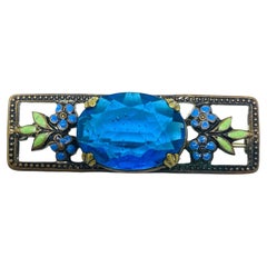 Antique Czechoslovakian Art Deco sapphire glass enamel flower brooch 1920s