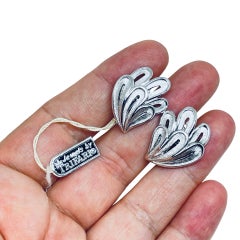 TRIFARI crown signed vintage silver tone leaf designer clip on earrings with tag