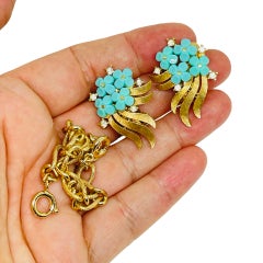TRIFARI crown vintage FORGET ME NOT gold tone turquoise flowers earrings brooch