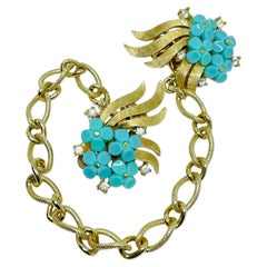 TRIFARI crown vintage FORGET ME NOT gold tone turquoise flowers earrings brooch