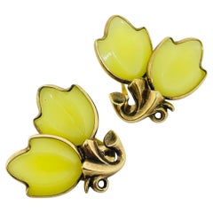 TRIFARI crown ALFRED PHILIPPE gold tone yellow glass tulip 1950 clip on earrings
