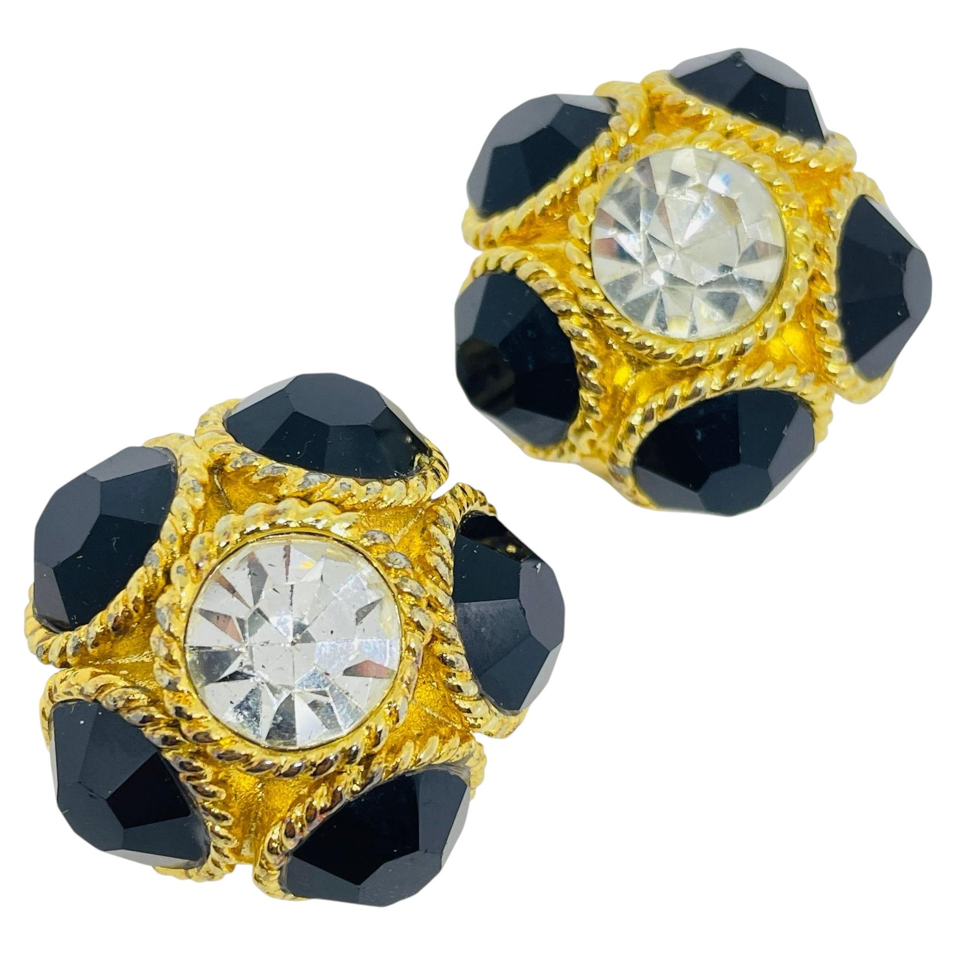 Pre-owned Blanca Signed Vintage Gold Tone Black Clear Glass Stones Designer Clip Earrings