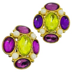 Boucles d'oreilles vintage à clip de créateur YOSCA, couleur or, en forme de croix de Malte, aux couleurs vives