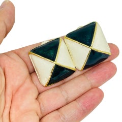 YOSCA signed vintage gold tone teal green white enamel designer clip on earrings
