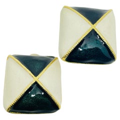 YOSCA signed vintage gold tone teal green white enamel designer clip on earrings