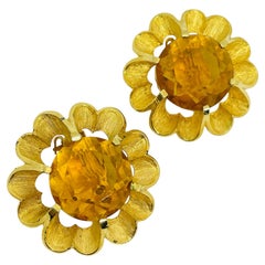 JUDY LEE signed vintage gold tone citrine glass flower designer clip on earrings
