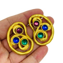DAUPLAISE signed vintage gold tone jewel cabochons designer pierced earrings
