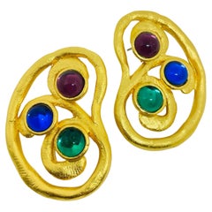 DAUPLAISE signed vintage gold tone jewel cabochons designer pierced earrings