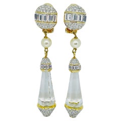 SWAROVS swan signed vintage gold plated drop crystals designer clip on earrings