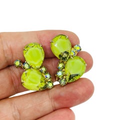 Vintage gold tone aurora green glass rhinestones designer clip on earrings