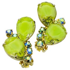 Vintage gold tone aurora green glass rhinestones designer clip on earrings