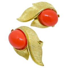 TRIFARI crown signed vintage gold tone faux coral leaf designer clip on earrings