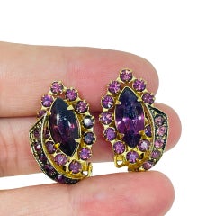 Vintage gold tone amethyst rhinestones designer clip on earrings