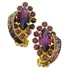 Vintage gold tone amethyst rhinestones designer clip on earrings