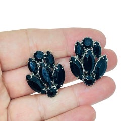 WEISS signed vintage silver tone black rhinestones designer clip on earrings