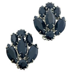 WEISS signed vintage silver tone black rhinestones designer clip on earrings