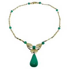 Vintage gold tone green jade glass beads designer drop chain 1960s necklace
