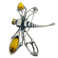 Vintage sterling silver 925 Baltic amber dragonfly massive European art brooch