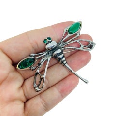 Vintage sterling silver 925 green emerald dragonfly massive European art brooch