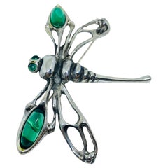 Vintage sterling silver 925 green emerald dragonfly massive European art brooch