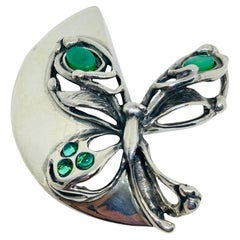 Vintage sterling silver 925 green emerald butterfly massive European art brooch