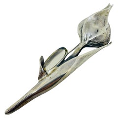 Vintage sterling silver 925 tulip flower gemstone cabochon European art brooch