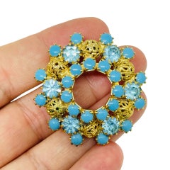 Vintage gold tone turquoise blue rhinestones designer brooch