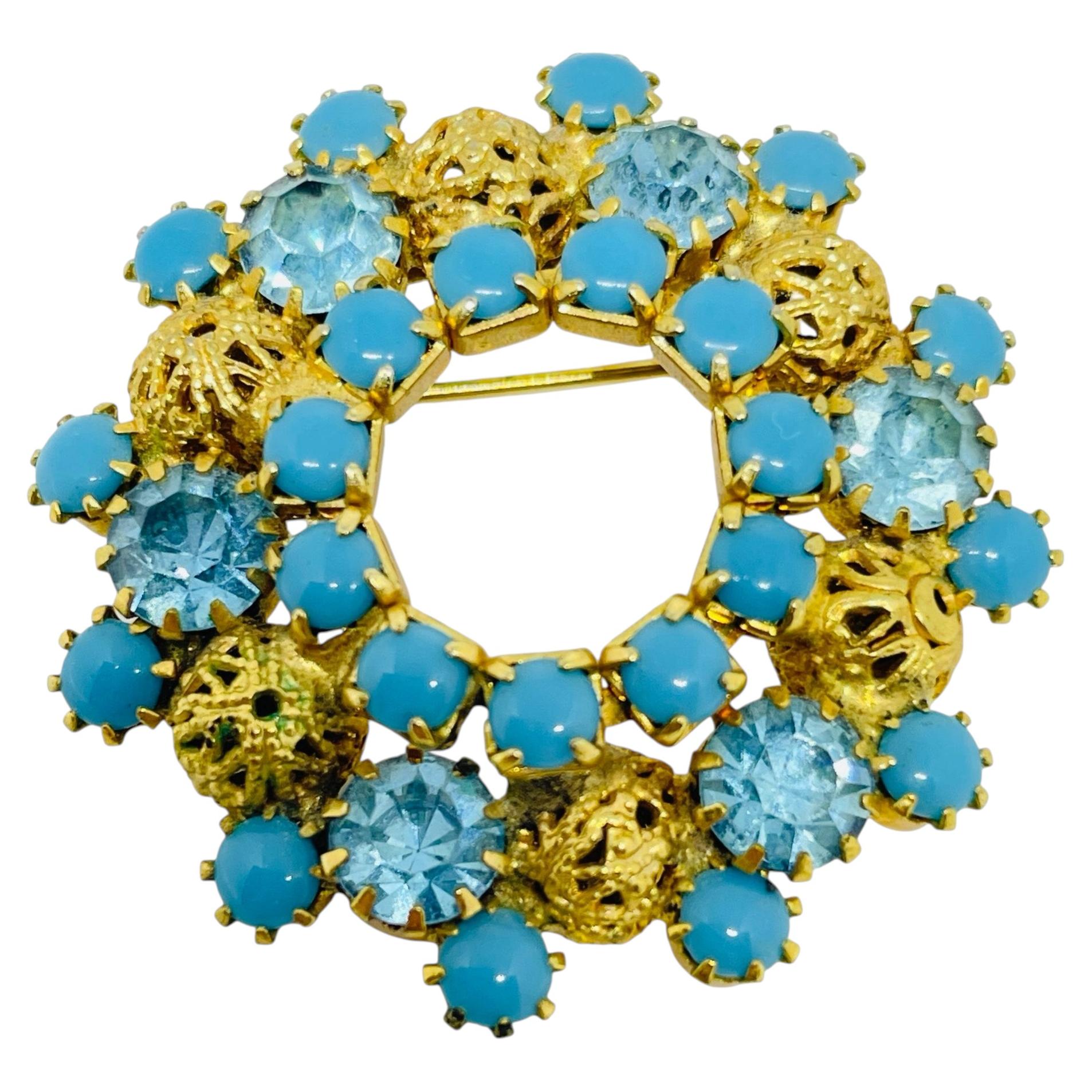 Vintage gold tone turquoise blue rhinestones designer brooch