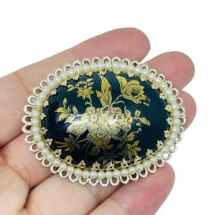 Vintage JAPAN signed gold tone faux pearls painted flowers designer brooch
