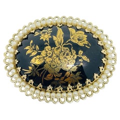 Vintage JAPAN signed gold tone faux pearls painted flowers designer brooch