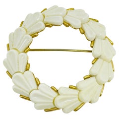 TRIFARI crown signed vintage gold plated thermoset shells wreath designer brooch