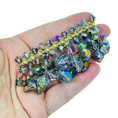Vintage gold tone aurora crystal beads dangle designer brooch