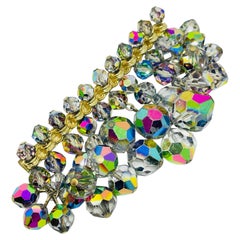 Vintage gold tone aurora crystal beads dangle designer brooch