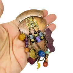 Vintage copper brass glass beads Aztec Mayan mask designer artisan charm brooch