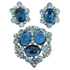 Vintage silver tone blue glass cabochons rhinestones designer brooch earrings