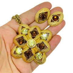 SARAH COVENTRY vintage gold tone rhinestones Maltese cross necklace earrings set