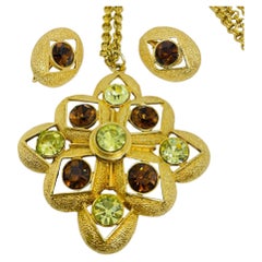 SARAH COVENTRY vintage gold tone rhinestones Maltese cross necklace earrings set