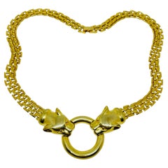 Vintage gold tone double head panther designer chain necklace